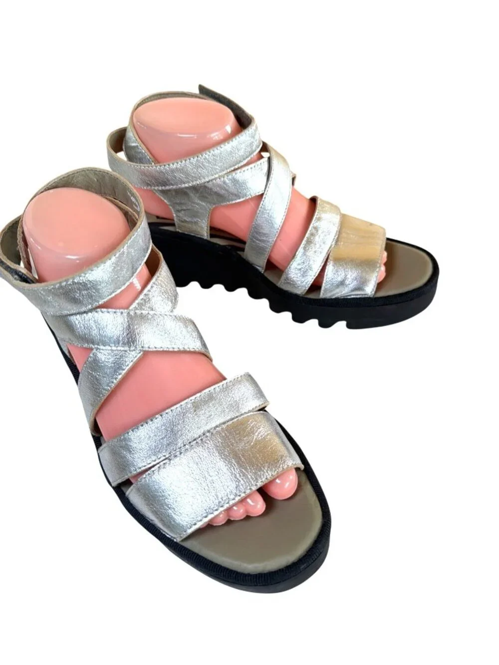 Fly London Bafy Ankle Strap Platform Wedge Sandals Silver EU 40 US 9/9.5